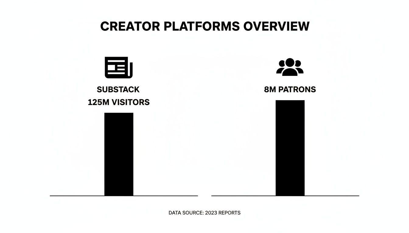 Bar chart comparing Substack's 125M visitors to 8M patrons, likely from Patreon, based on 2023 reports.