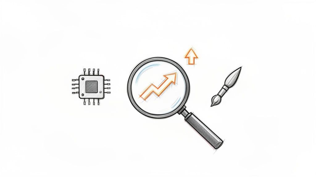 A sketch showing a microchip, a magnifying glass with a growth chart, and a paintbrush.