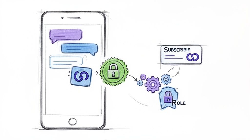 Illustration of a smartphone with chat bubbles, a link icon, leading to a security lock and gears representing content protection and roles.