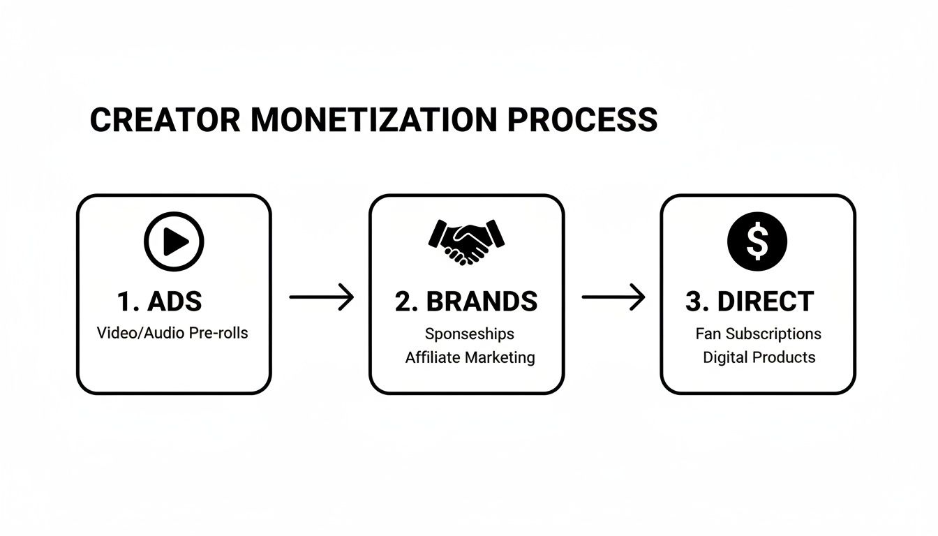Flowchart illustrating the creator monetization process with three steps: Ads, Brands, and Direct income.