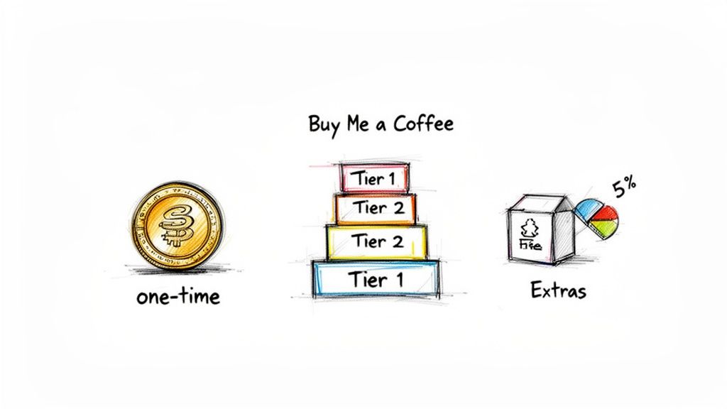 Illustration of Buy Me a Coffee features: one-time donations, tiered memberships, and extras with 5%.