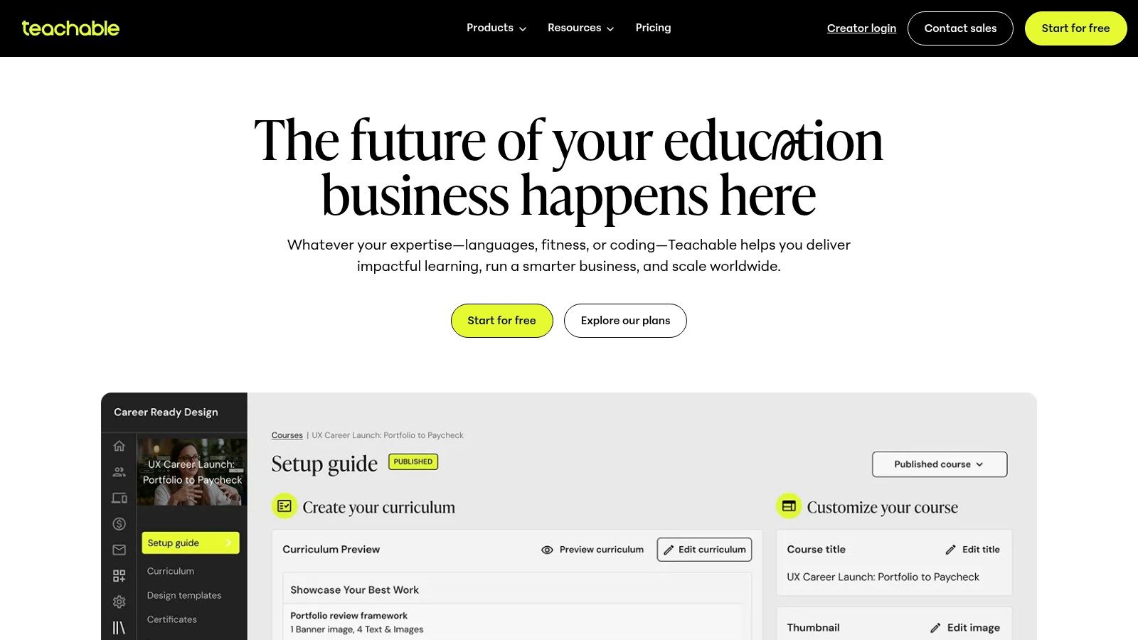 A screenshot of the Teachable interface, showing the course creation dashboard with modules and lessons, highlighting its use as a Stan Store alternative for educational content.