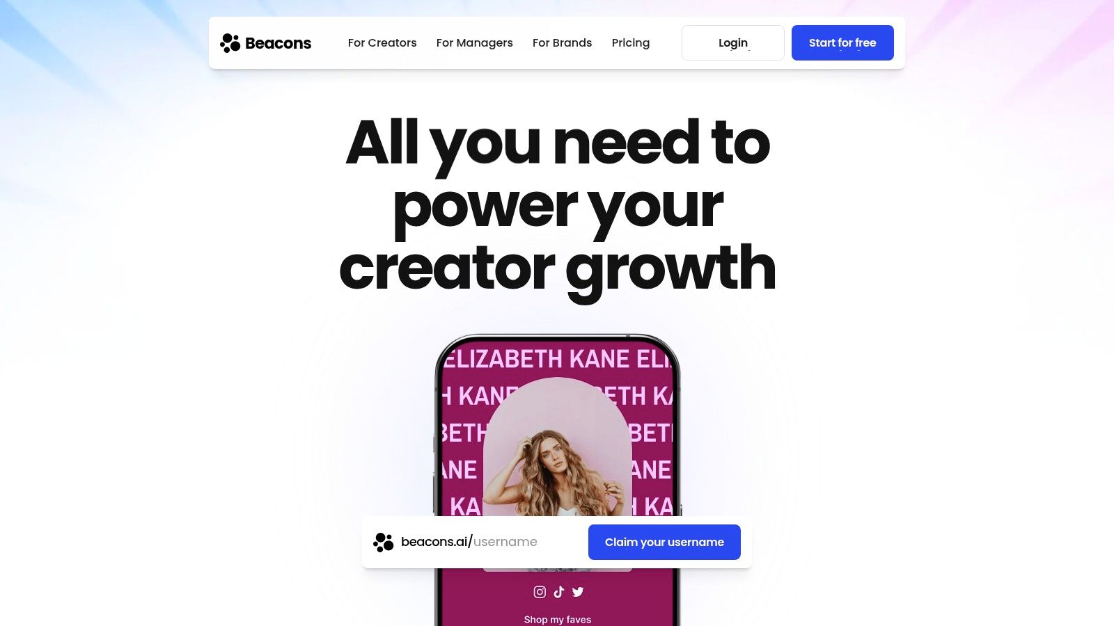 A screenshot of the Beacons interface, showcasing a creator's link-in-bio page with multiple links and product offerings, highlighting it as a Stan Store alternative.