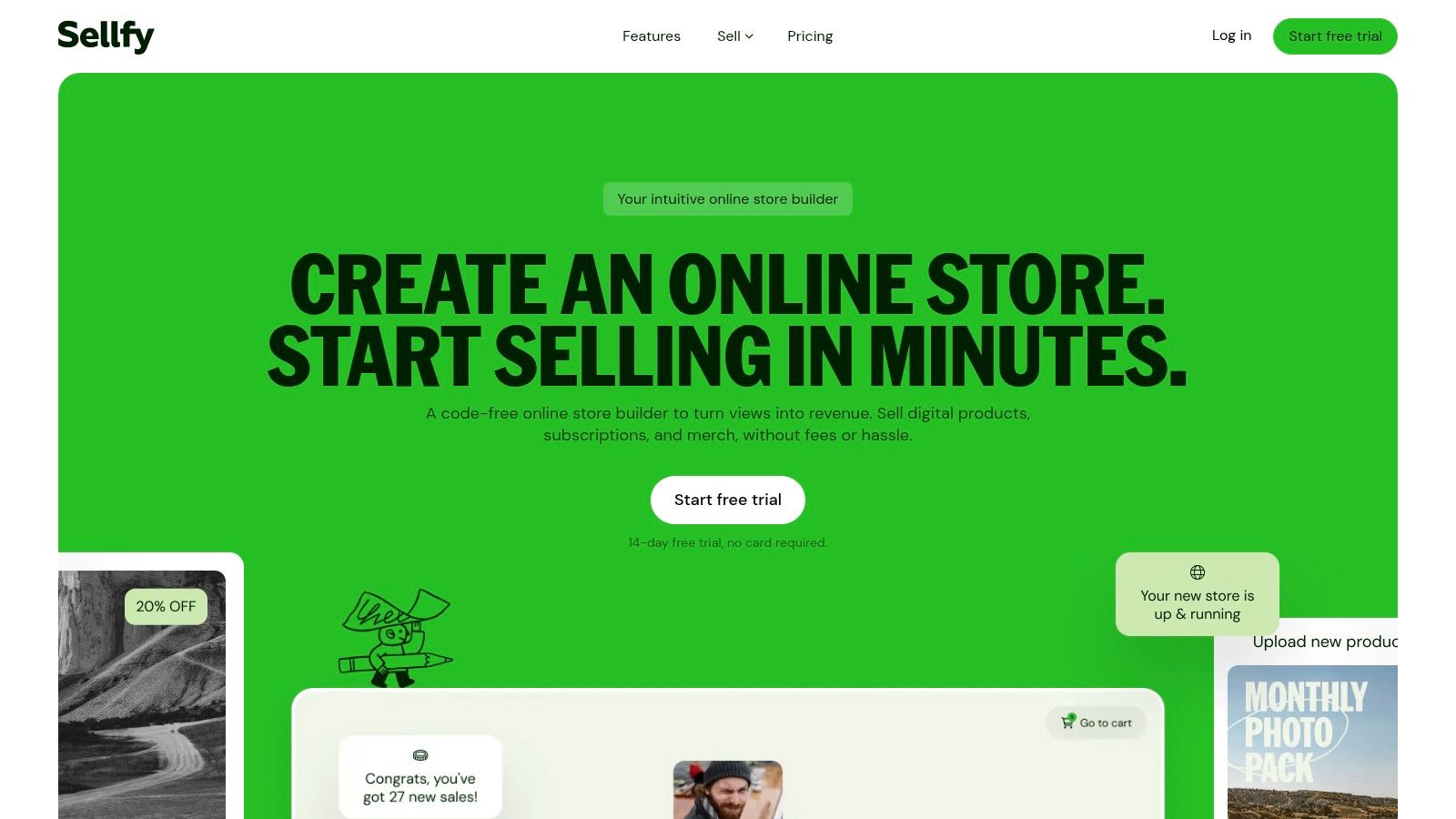 A screenshot of the Sellfy interface, showcasing a creator's dedicated storefront with products like e-books and digital art, highlighting it as a Stan Store alternative.