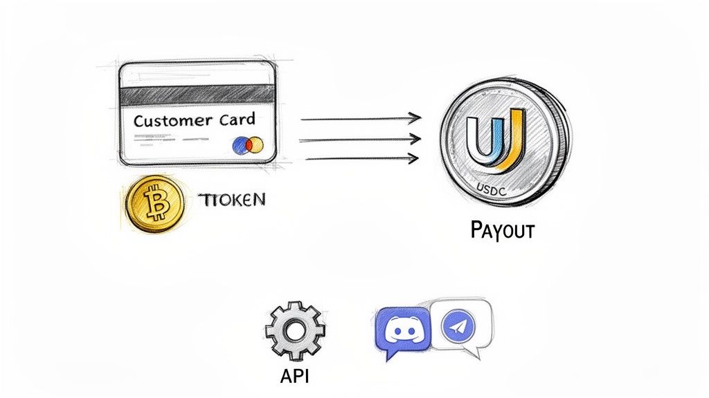 Diagram illustrating customer card and Bitcoin token conversion to USDC payout using API and messaging apps.