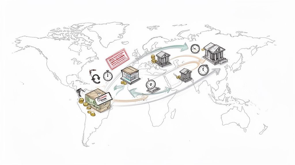 A world map illustrating complex cross-border payments with banks, currency exchange, and time delays.