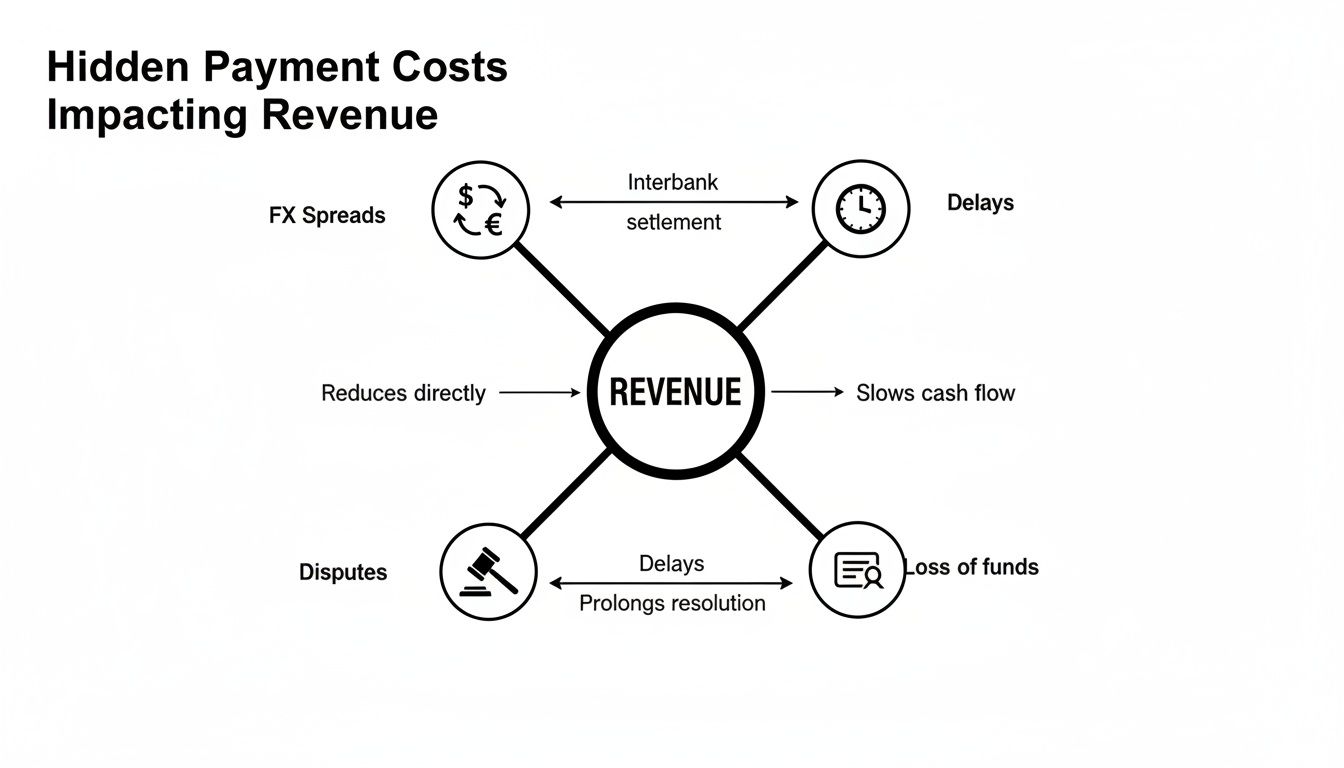 Diagram illustrating hidden payment costs like FX spreads, delays, disputes, and loss of funds impacting revenue.