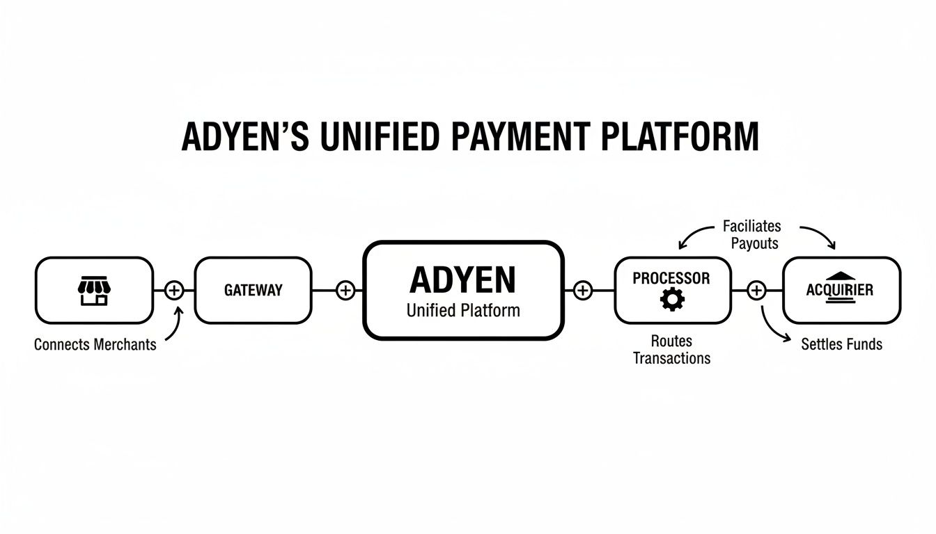 Diagram of Adyen's Unified Payment Platform, illustrating the payment processing flow and key components.