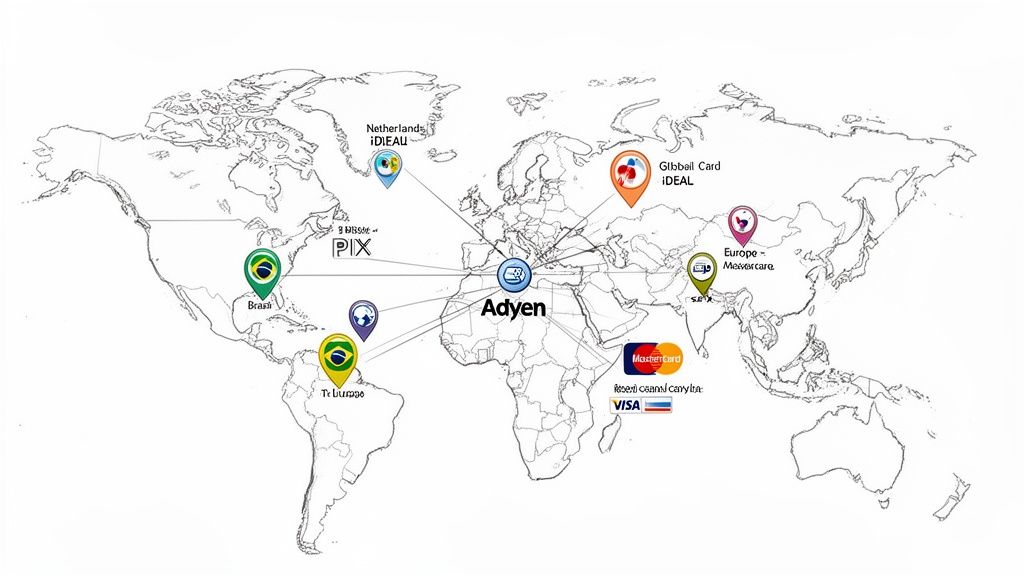 A world map illustrating Adyen's global payment processing network, connecting various regions and payment methods like iDEAL, Pix, Mastercard, and Visa.