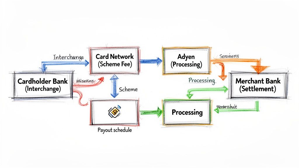 A detailed payment processing flow diagram showing interactions between banks, card networks, and payment processors.