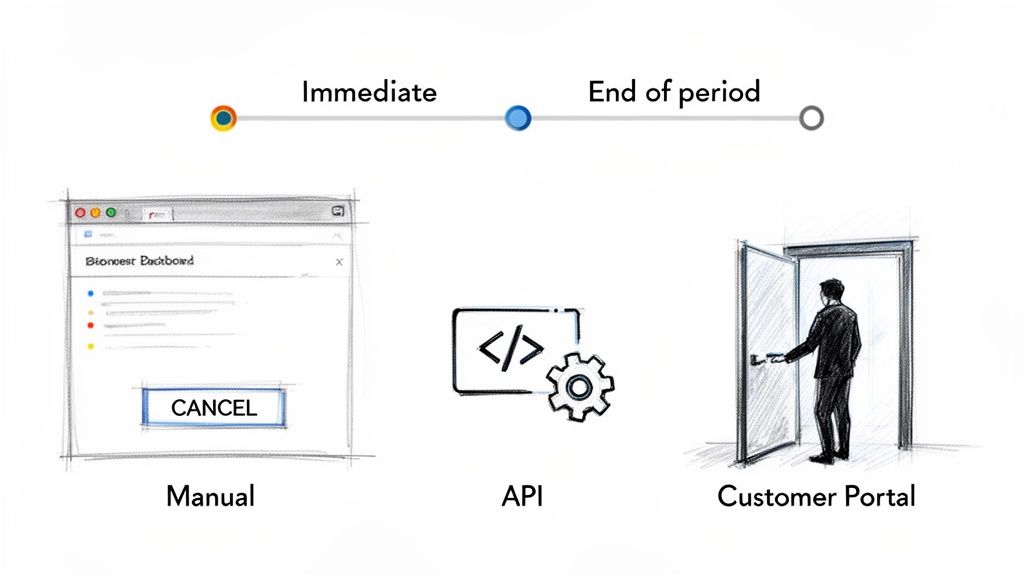 Illustration showing three methods (manual, API, customer portal) and two timings (immediate, end of period) for subscription cancellation.