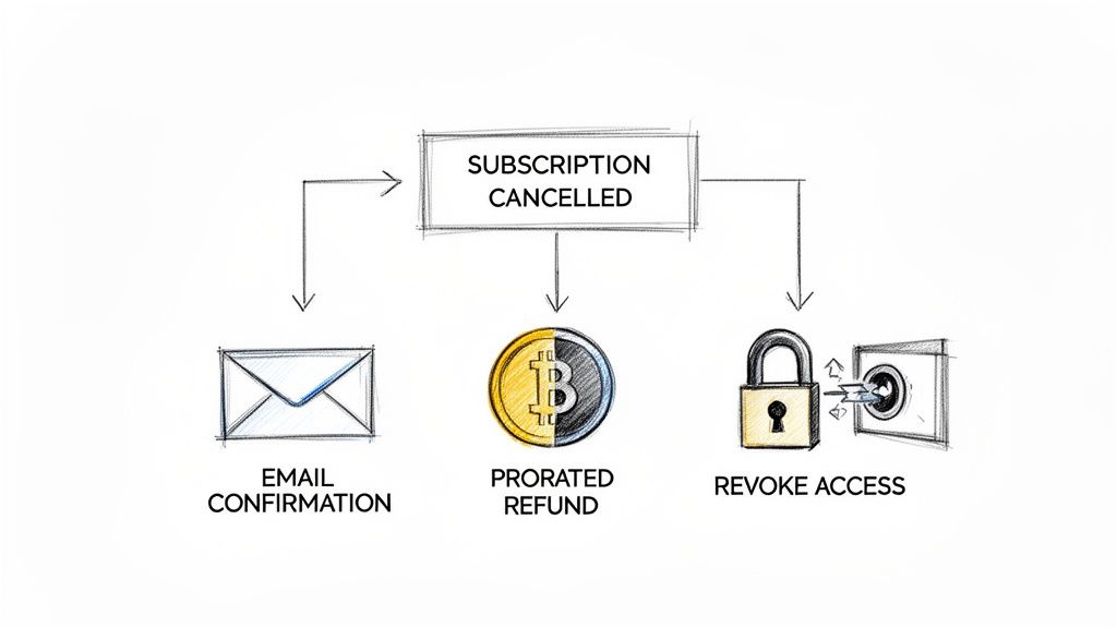 A sketch diagram illustrating the process of a subscription cancellation, showing email confirmation, prorated refund, and revoked access.