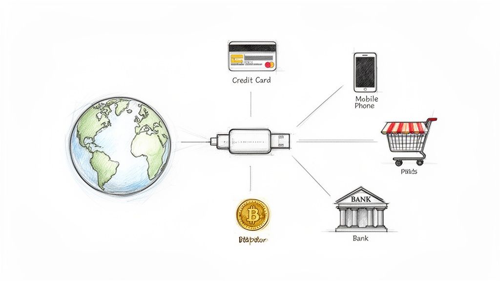 A diagram illustrates global payments, connecting a globe to a central hub, then linking to credit cards, mobile phones, Bitcoin, banks, and a shopping cart.