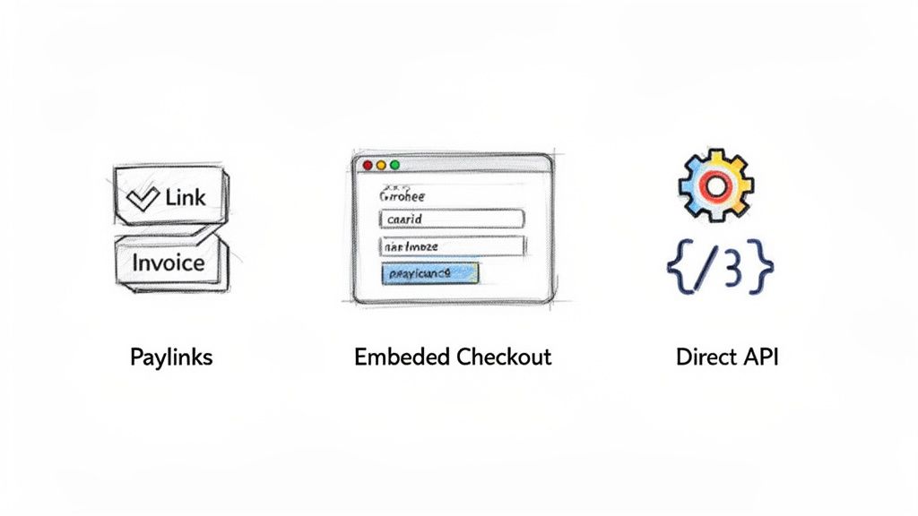 Visual representation of three payment integration methods: Paylinks, Embedded Checkout, and Direct API.