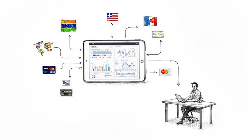 A tablet displaying financial dashboards, connected to various global payment methods and flags, with a user.