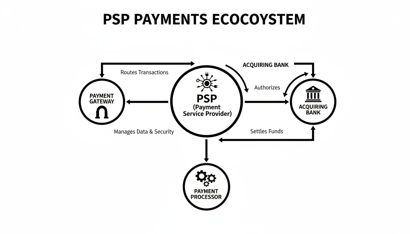 Flowchart illustrating the PSP payment ecosystem, connecting payment gateway, service provider, acquiring bank, and processor.