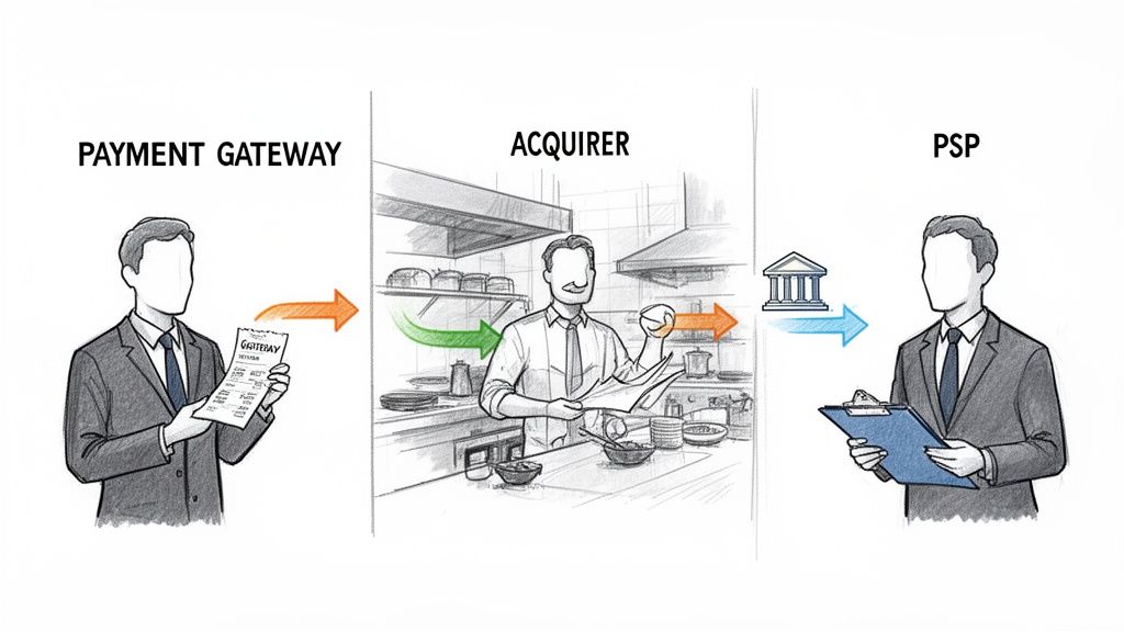 Illustration showing the payment processing flow between a Payment Gateway, Acquirer, and PSP.