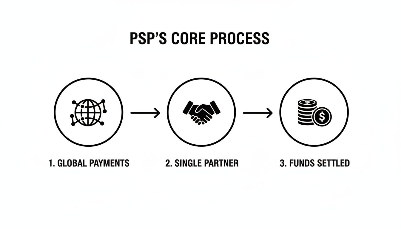 Diagram illustrating PSP's core process for global payments, single partner interaction, and funds settlement.