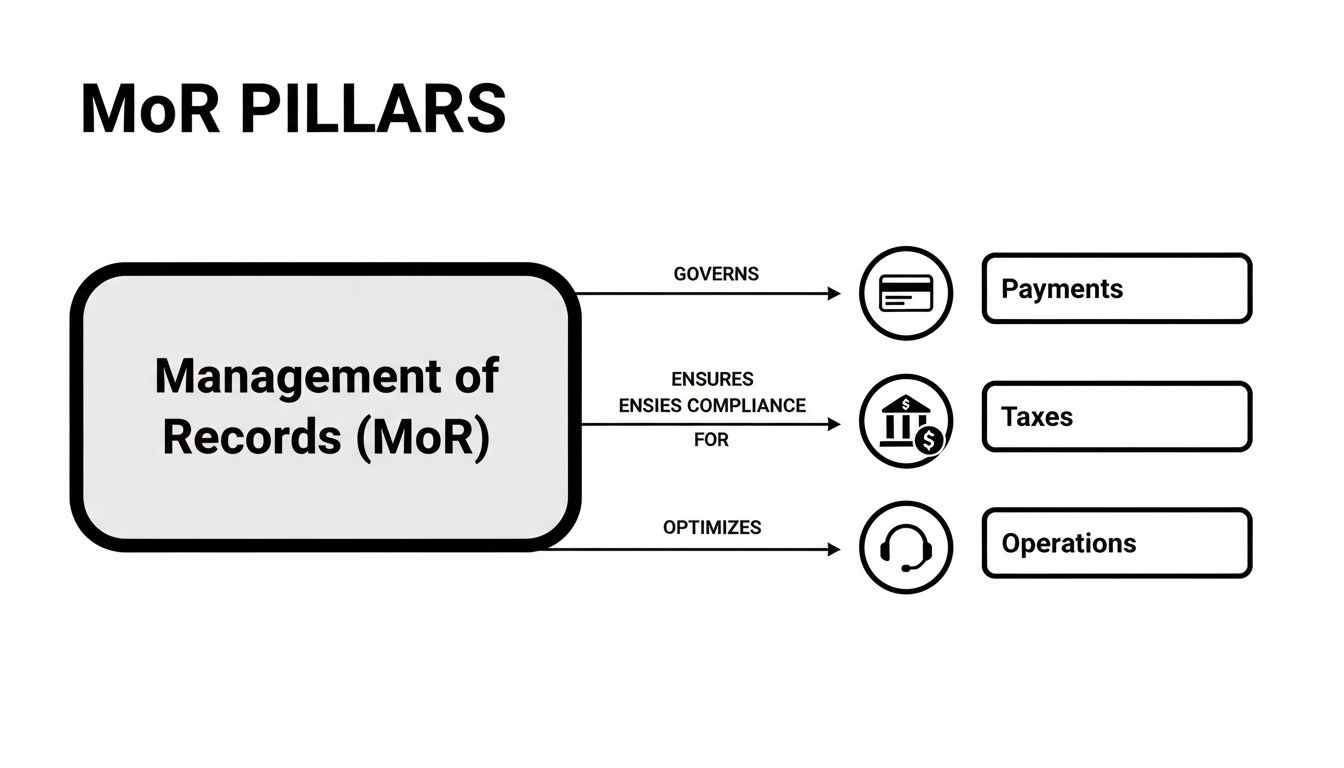 Diagram illustrating MoR Pillars: Management of Records governs Payments, ensures compliance for Taxes, and optimizes Operations.