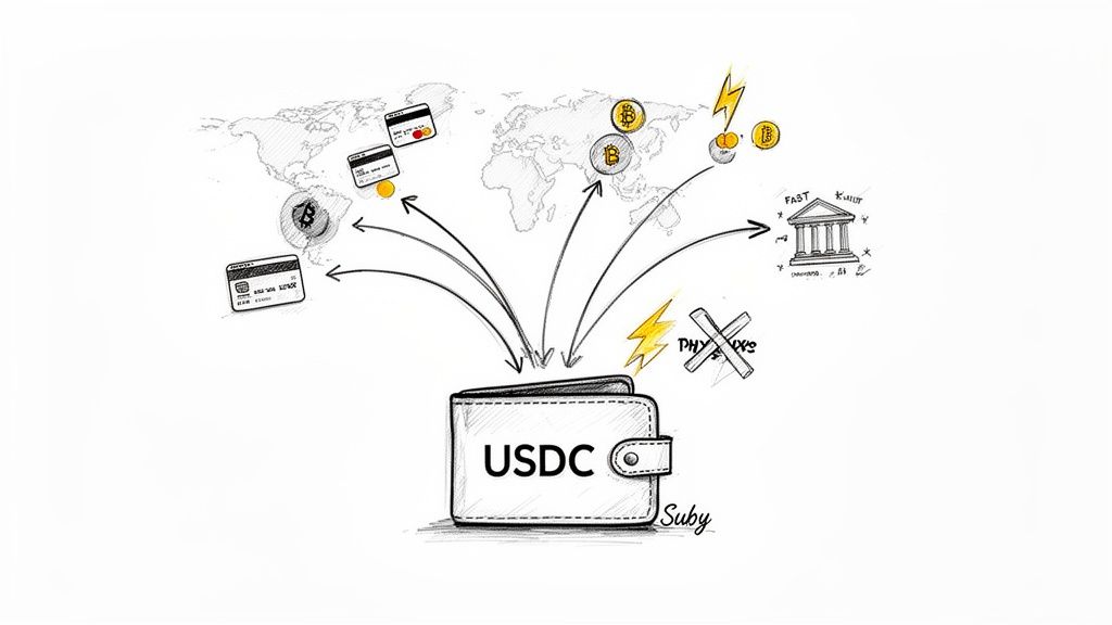 Diagram showing global money sources like credit cards and Bitcoin flowing into a USDC digital wallet, representing modern financial transactions.