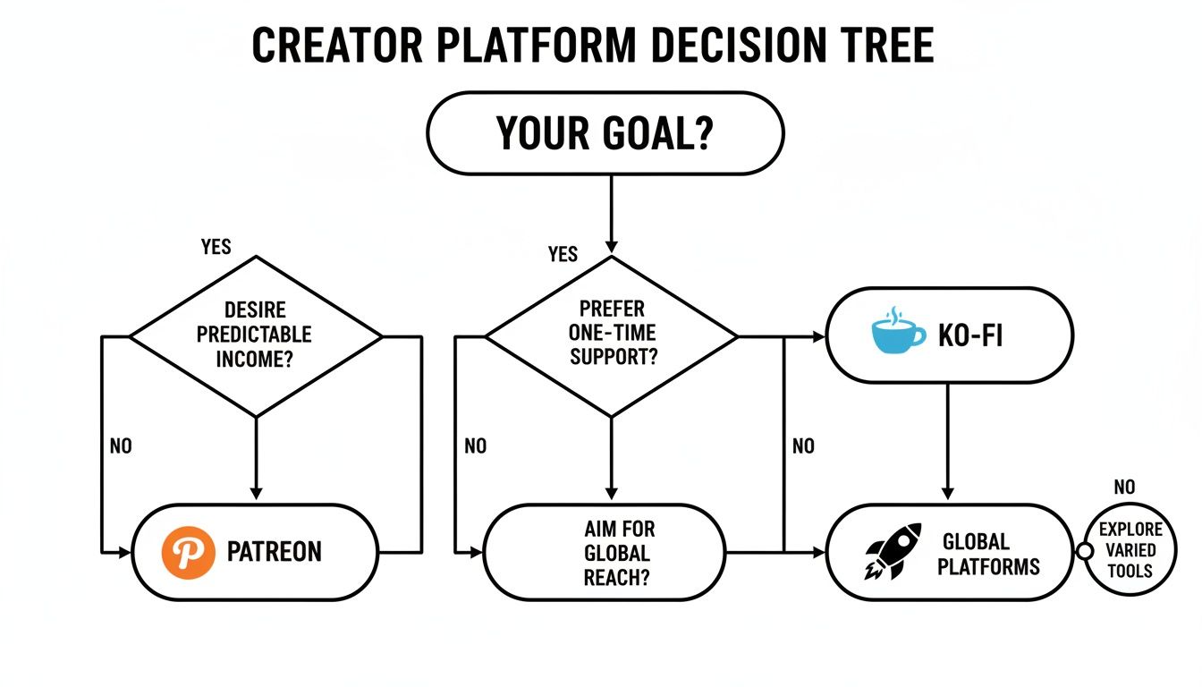 Flowchart helping creators decide platforms like Patreon, Ko-fi, or global options based on income goals.