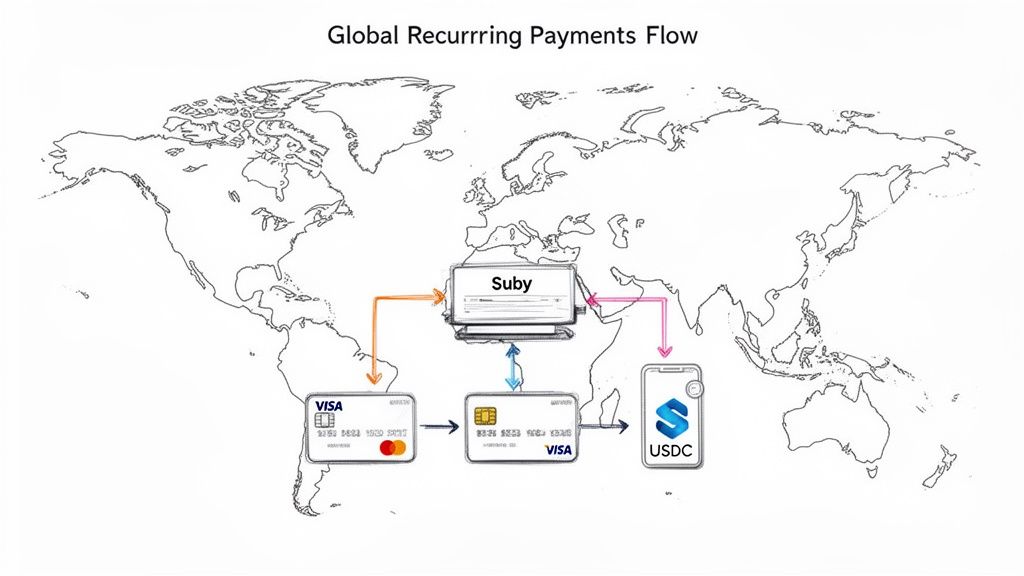 Diagram showing global recurring payments flow with Suby, Visa, Mastercard, and USDC on a world map.