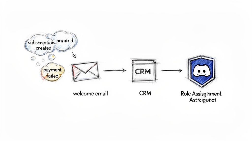 A workflow diagram showing subscription creation, payment status, welcome email, CRM, and Discord role assignment.