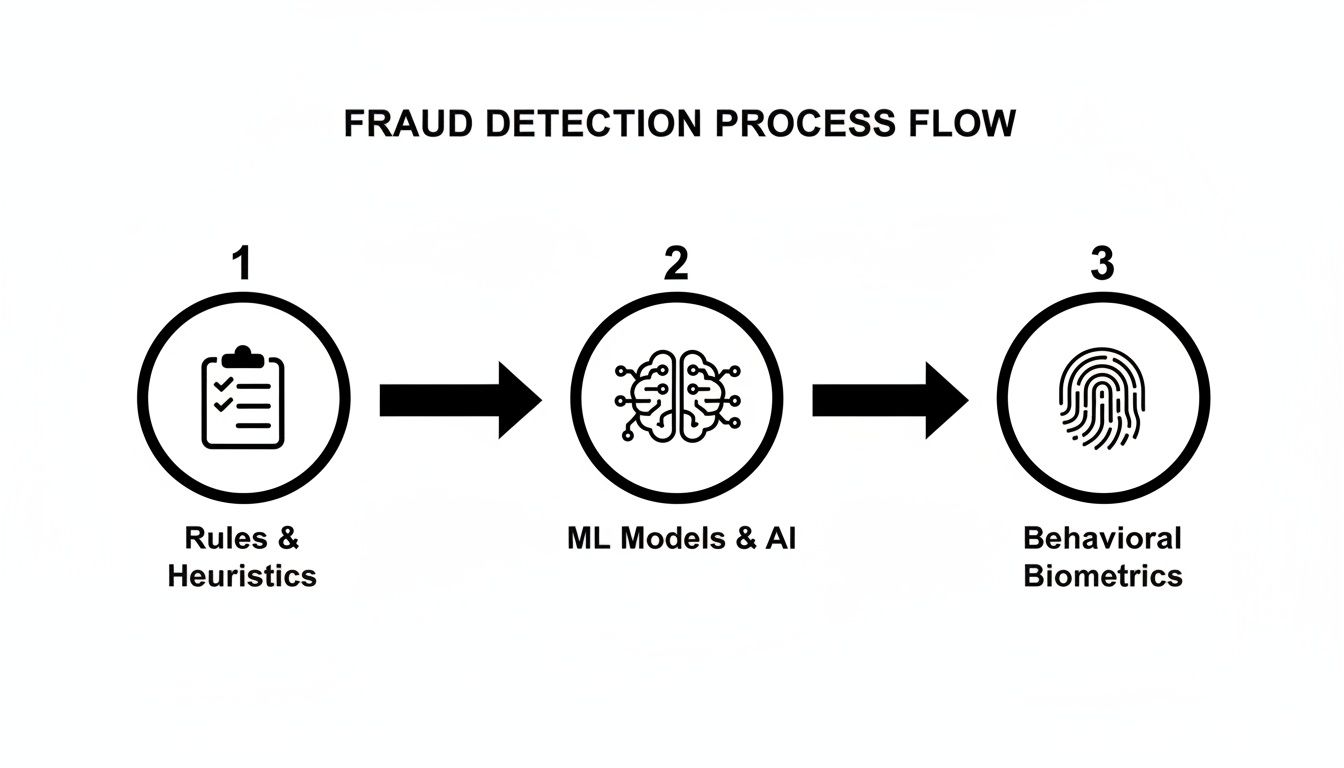 Fraud detection process flow showing steps: Rules & Heuristics, ML Models & AI, and Behavioral Biometrics.