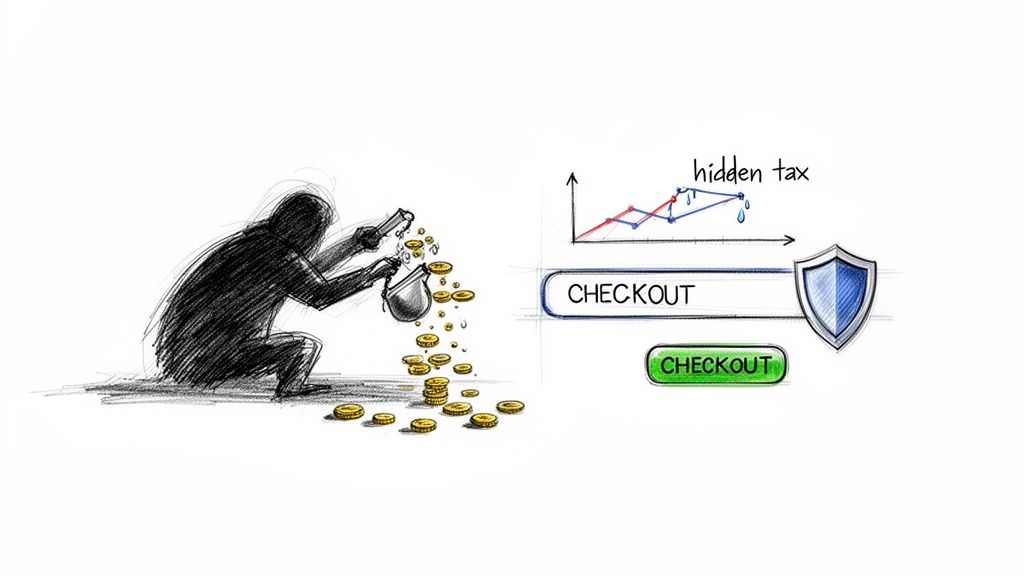 A shadowy figure with spilled coins and a 'hidden tax' graph next to secure and regular checkout options.