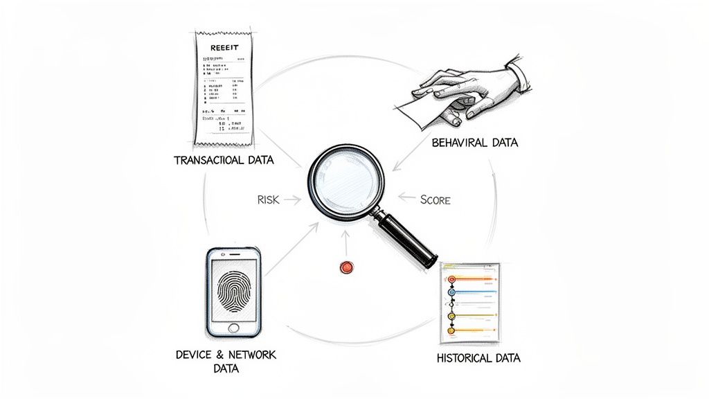 A diagram illustrates a magnifying glass analyzing transactional, behavioral, device, and historical data to determine risk and score.