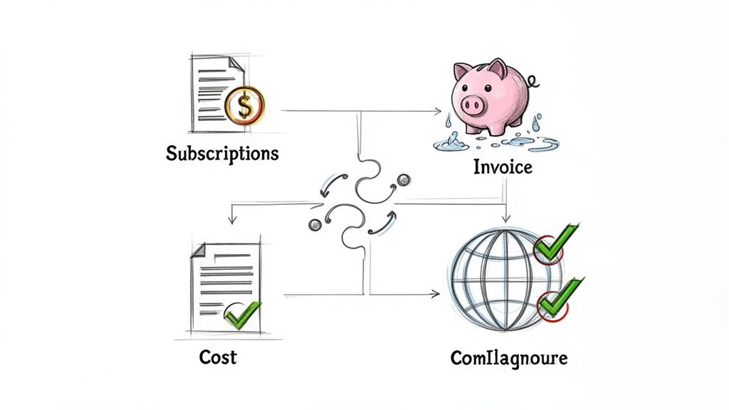 Diagram showing the flow from subscriptions to costs, invoices, and global compliance processes.