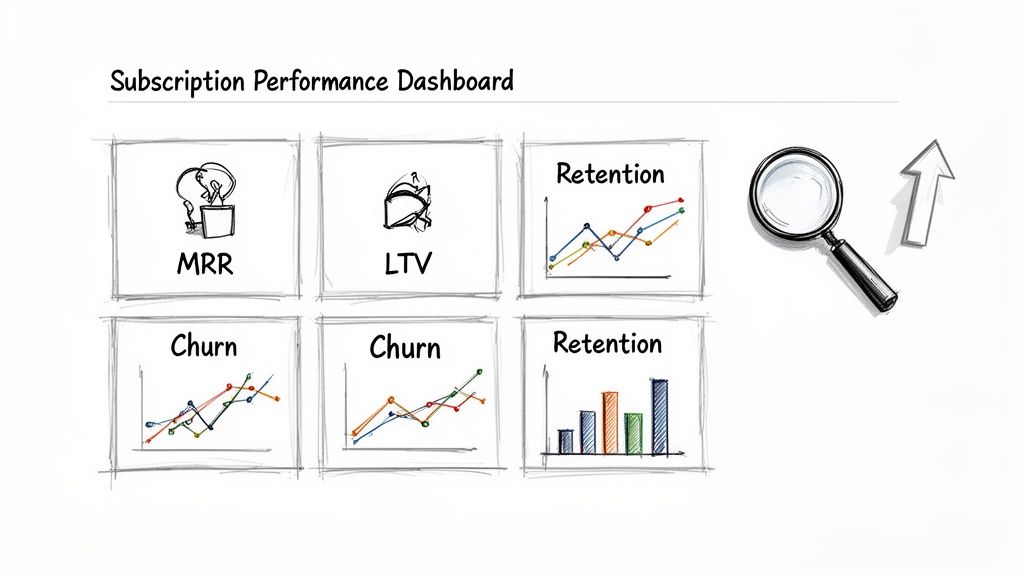 A hand-drawn subscription performance dashboard with MRR, LTV, churn, and retention metrics graphs and icons.
