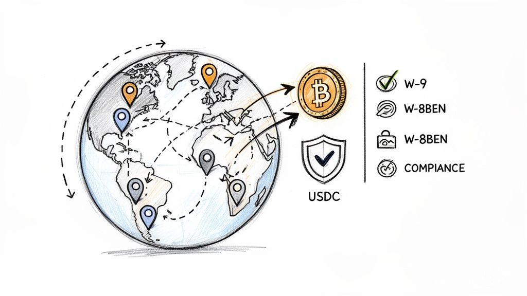 Global map with location pins, showing arrows to Bitcoin, USDC, and compliance forms W-9, W-8BEN.