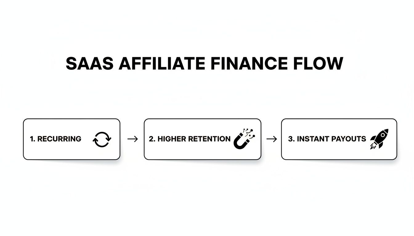 A flow chart illustrating SaaS affiliate finance benefits: recurring revenue, higher retention, and instant payouts.