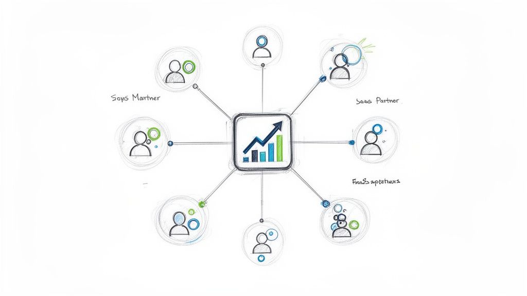 A hand-drawn diagram showing various partners connected to a central growth chart, representing a SaaS affiliate program.