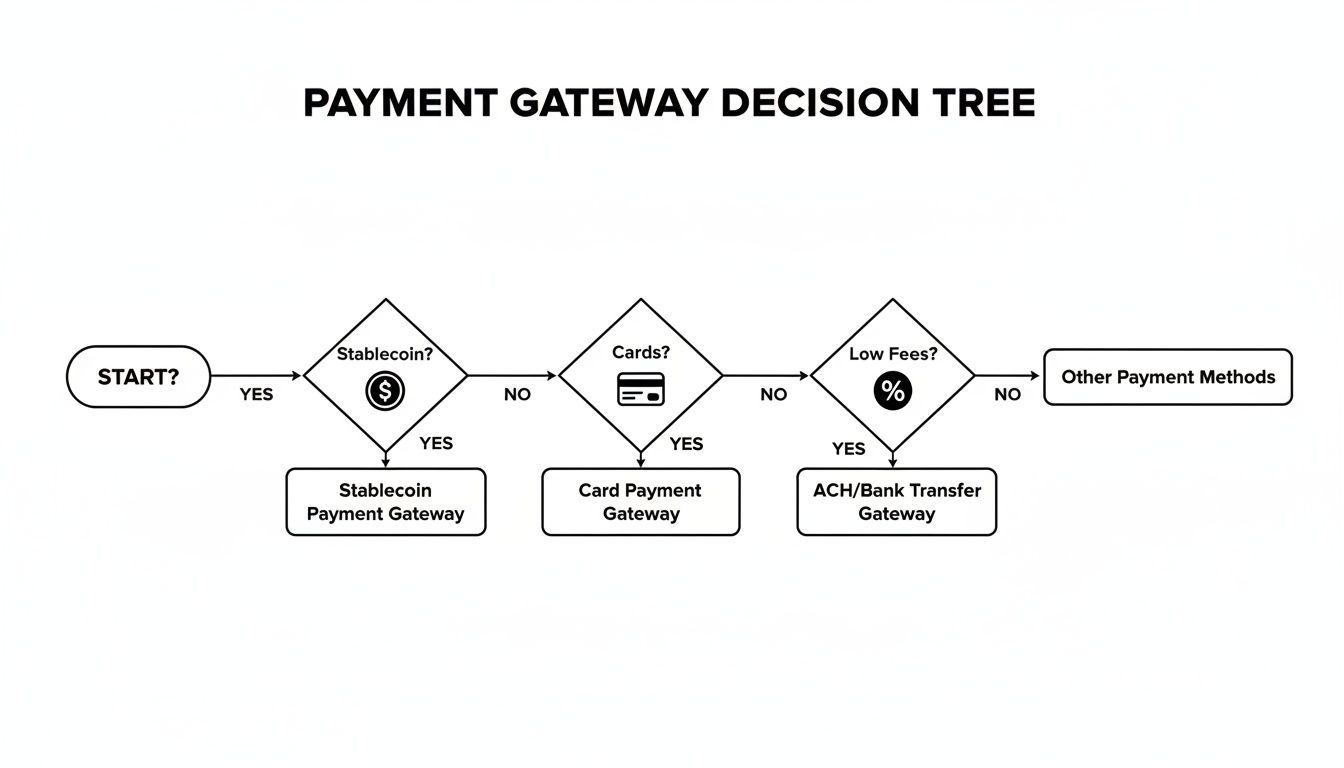 A flowchart illustrating a payment gateway decision tree, guiding choices based on stablecoin, cards, and low fees.