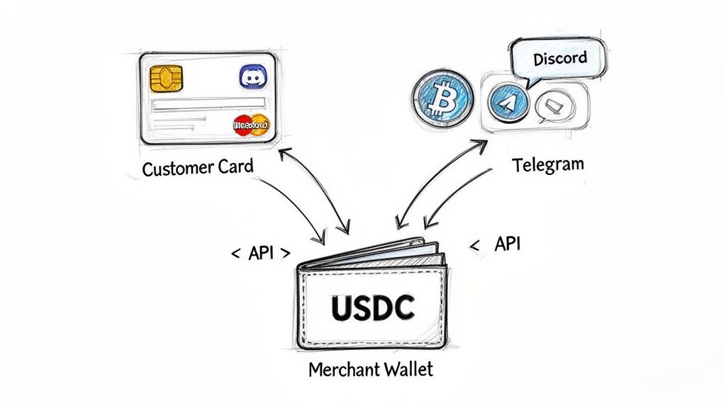 Diagram showing customer card and crypto/social platforms interacting with a USDC merchant wallet via API.