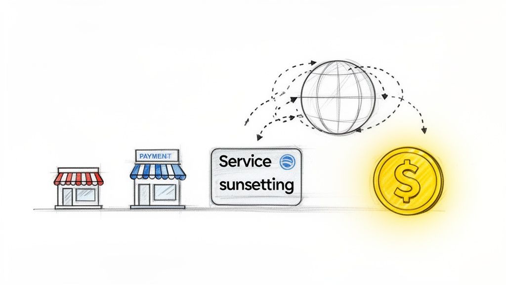 Diagram shows service sunsetting impacting payment businesses, leading to global financial outcomes with a dollar coin.