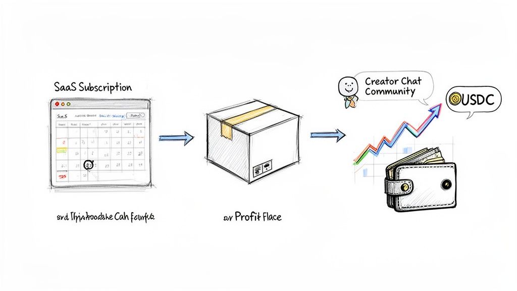 Diagram showing the flow from SaaS subscription to profit, creator community, and USDC wallet.