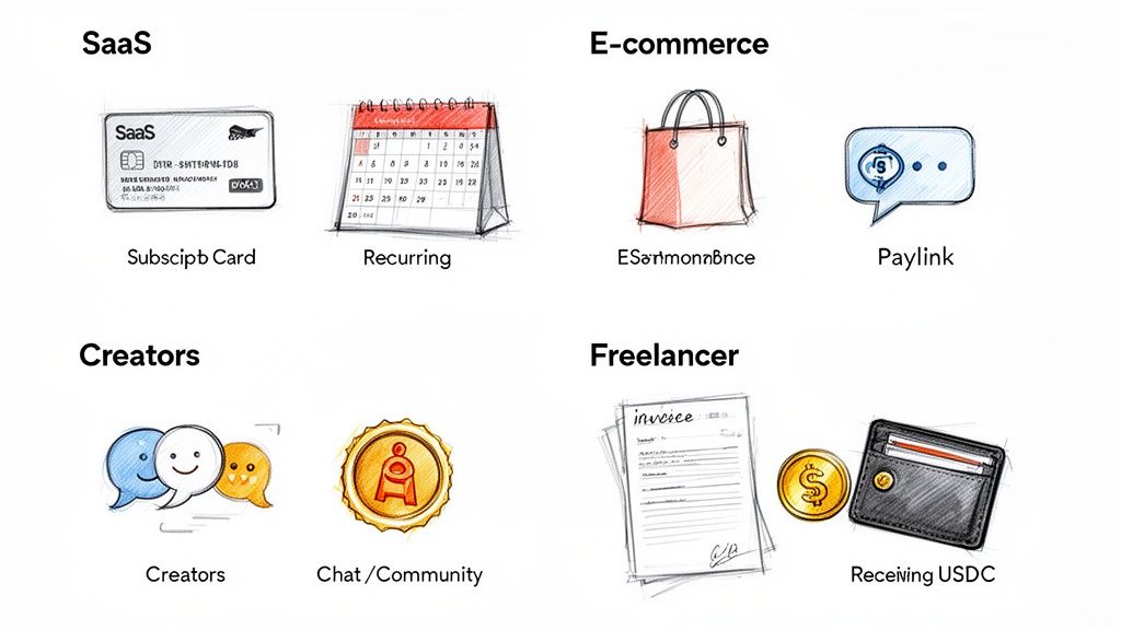 Illustrations showing payment solutions for SaaS, e-commerce, creators, and freelancers, including cards, calendars, and invoices.