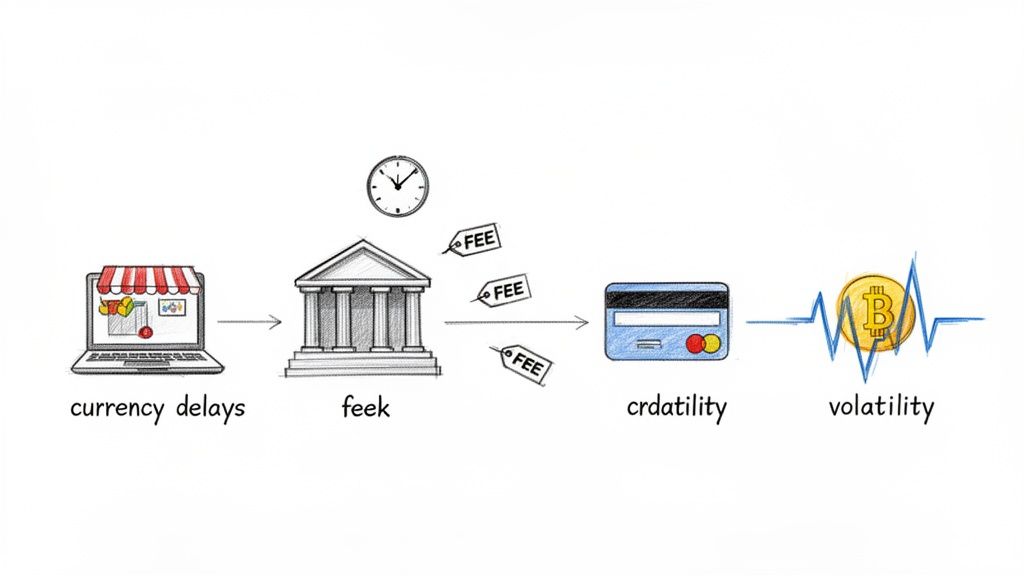 An illustration comparing payment system issues: currency delays, bank fees, credit card concerns, and Bitcoin volatility.