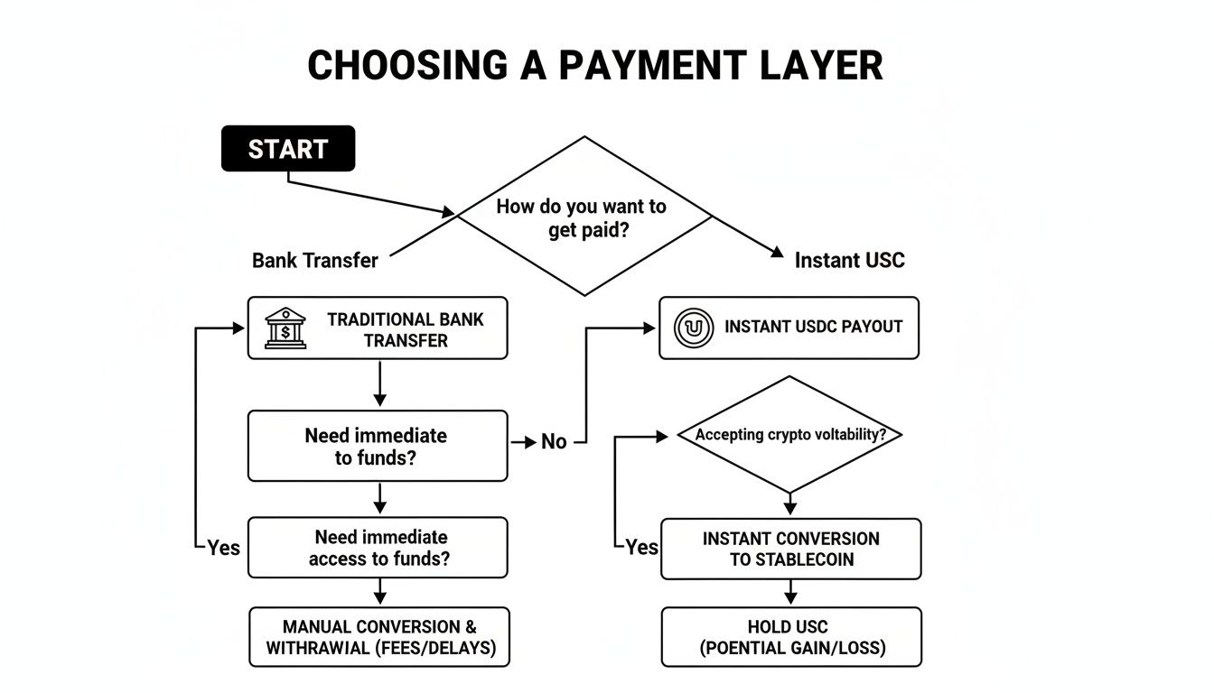 Flowchart illustrating the decision process for choosing between traditional bank transfer or instant USDC payment.