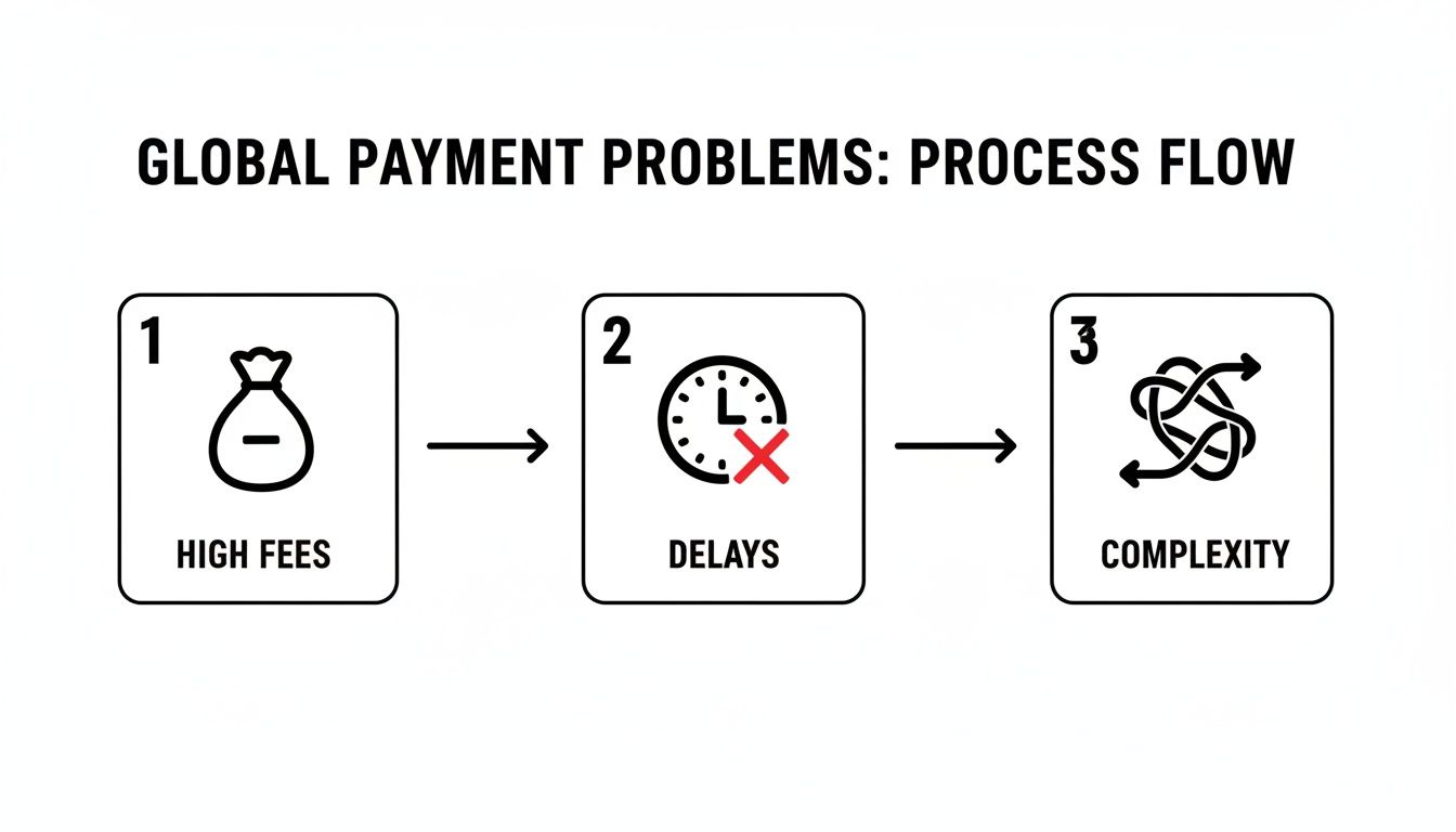 Process flow diagram illustrating global payment problems: high fees, delays, and complexity.