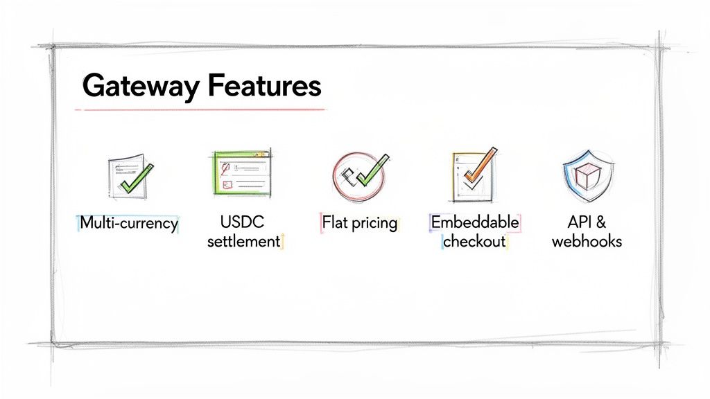 A diagram illustrating five key payment gateway features: multi-currency, USDC settlement, flat pricing, embeddable checkout, and API & webhooks.