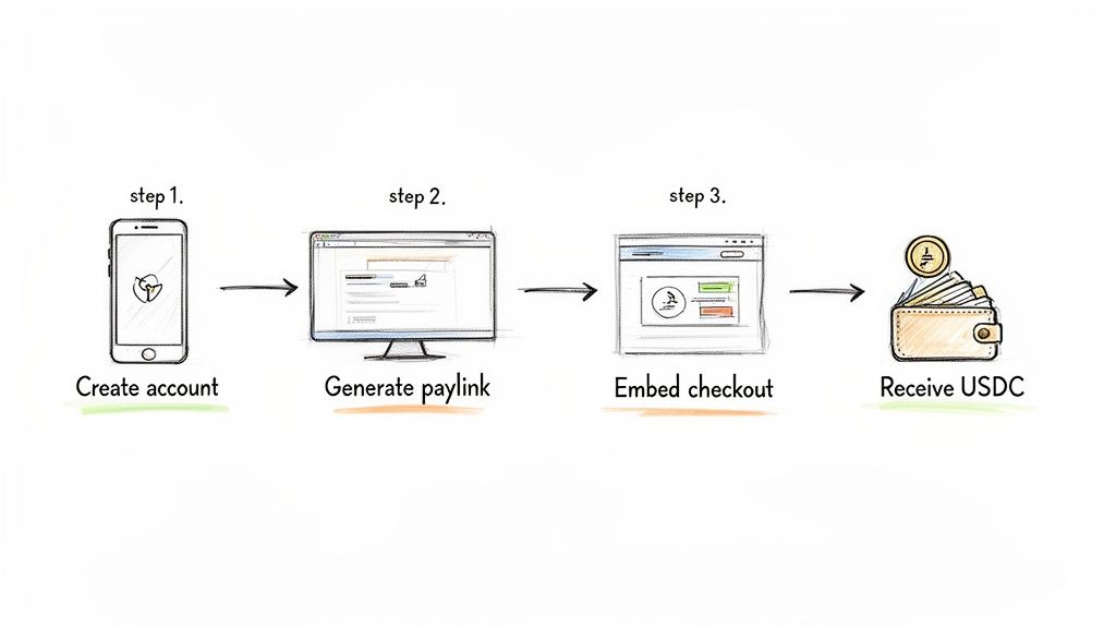 A diagram illustrating three steps to create an account, generate a paylink, embed checkout, and receive USDC cryptocurrency.