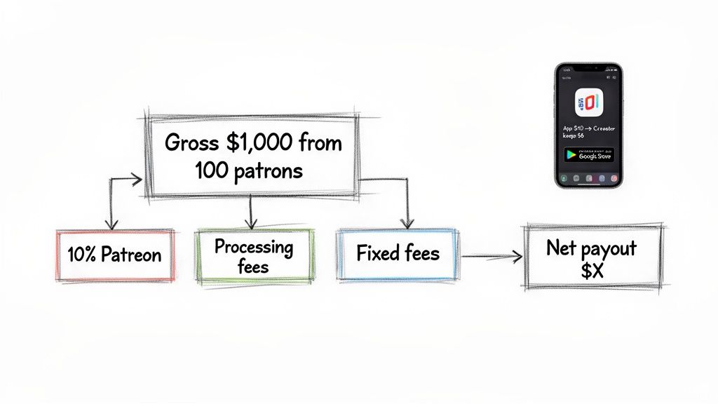 Flowchart detailing Patreon's fee structure: gross earnings of $1,000 from 100 patrons, showing deductions for 10% Patreon, processing, and fixed fees leading to a net payout. A phone with an app store transaction is also shown.