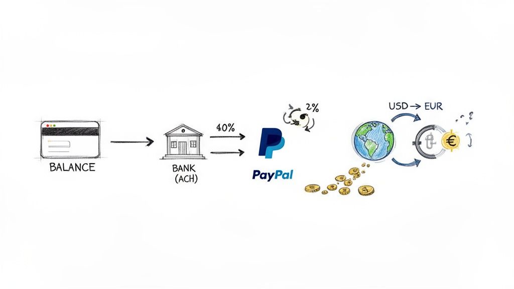 Diagram illustrating money flow from balance to bank, through PayPal with fees, and USD to EUR currency exchange.