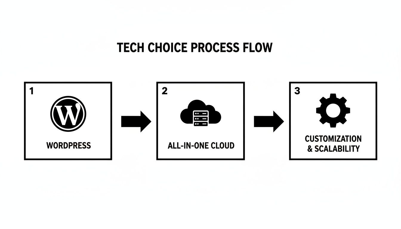 Flowchart illustrating a tech choice process: WordPress, all-in-one cloud hosting, then customization and scalability.