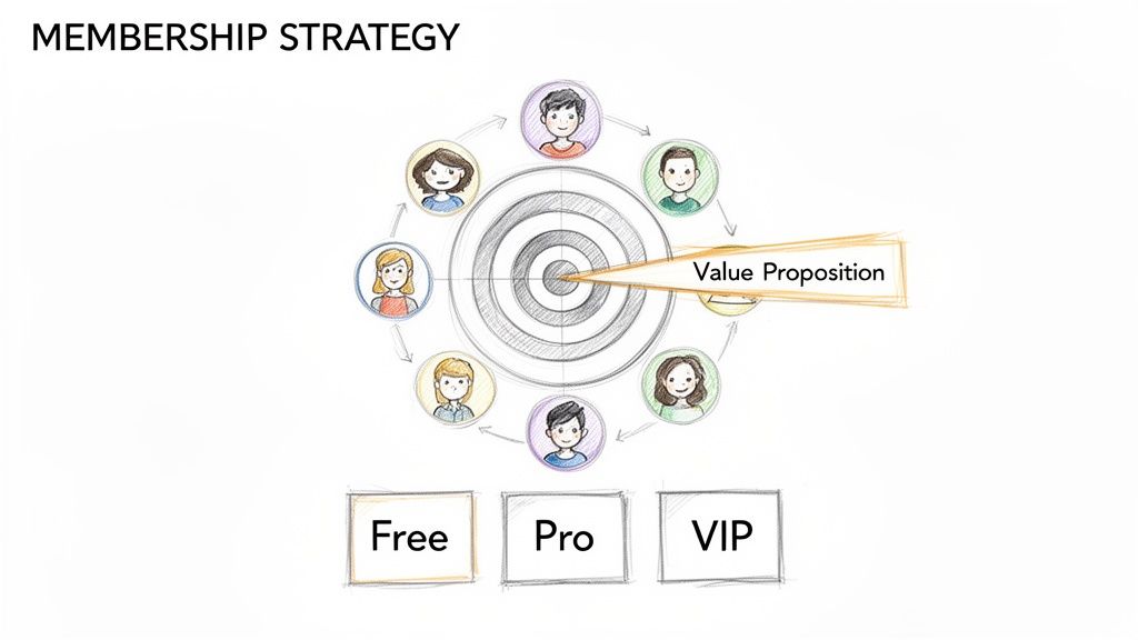 Diagram illustrating a membership strategy with customer avatars, value proposition, and Free, Pro, VIP tiers.