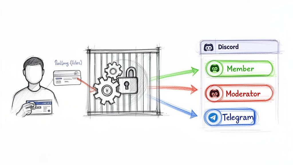 User provides a payment card to a secure system, granting roles like Member and Moderator on Discord and Telegram.
